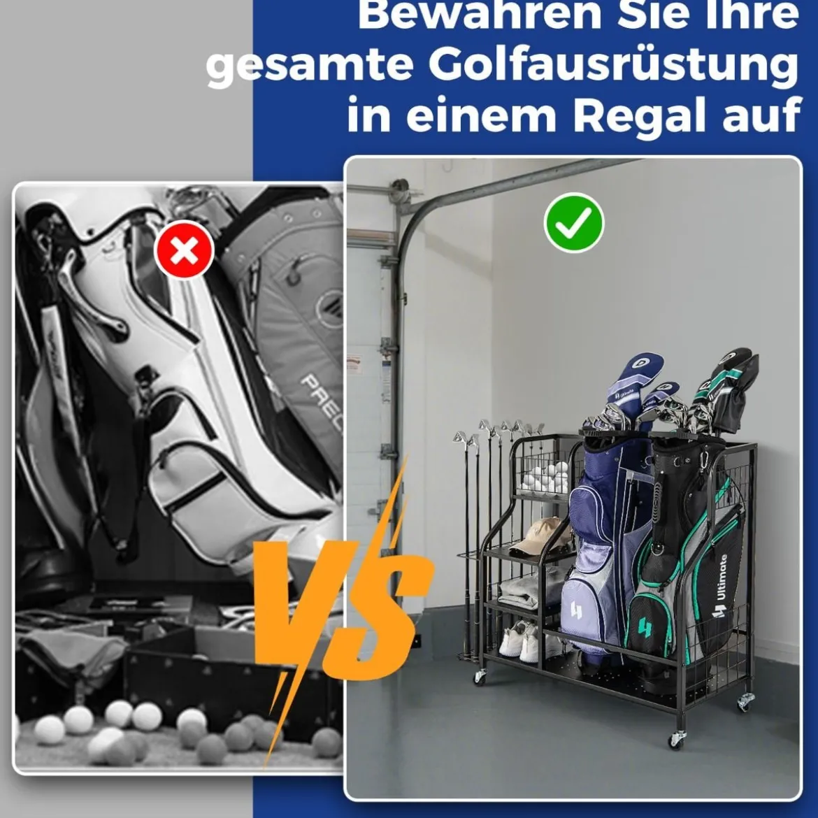 4 in 1 Golf Organizer mit Haken & Korb Golfschläger-Organizer mit Rollen