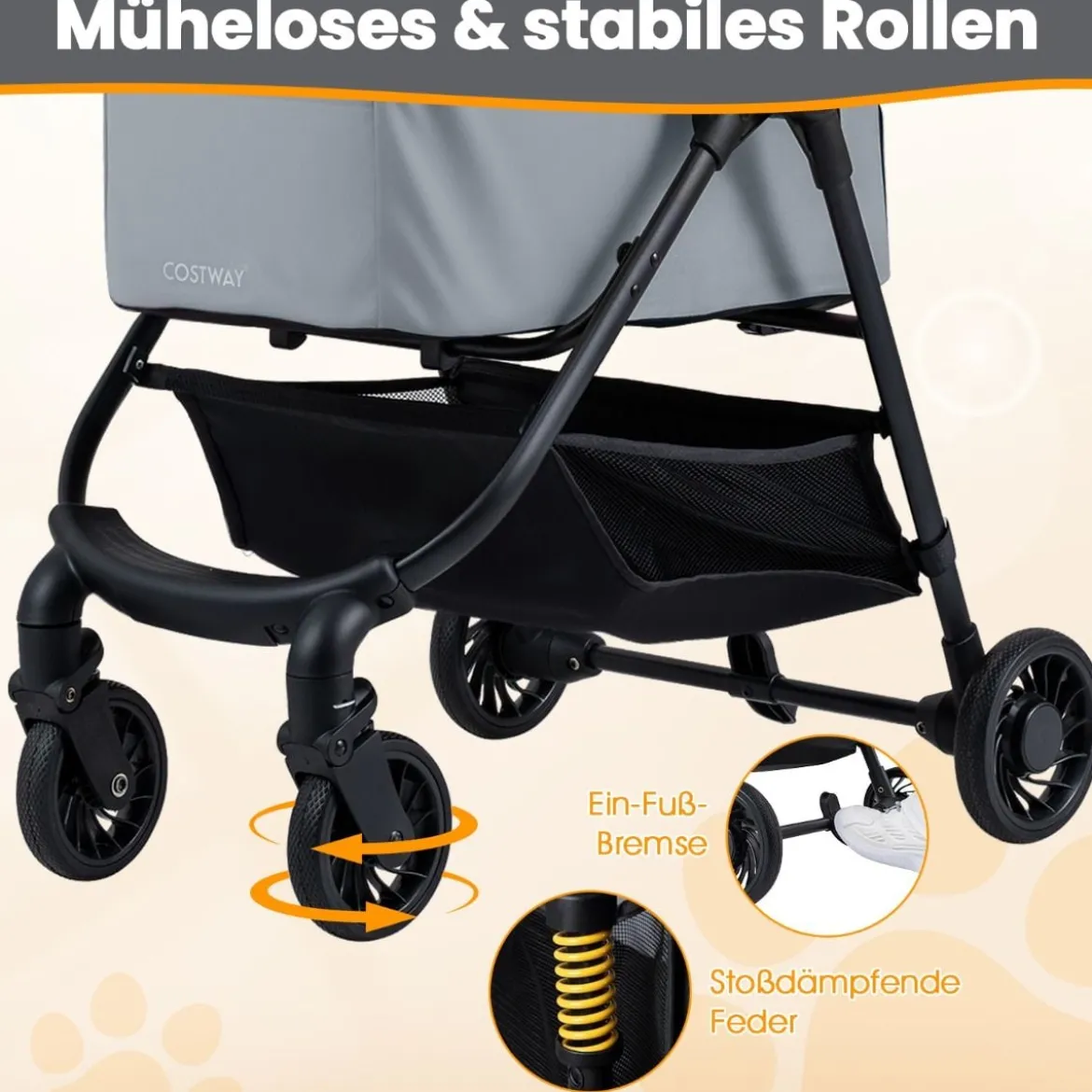 3 in 1 Haustierbuggy mit Abnehmbarem Träger & Verstellbarem Netzdach Hundebuggy Grau