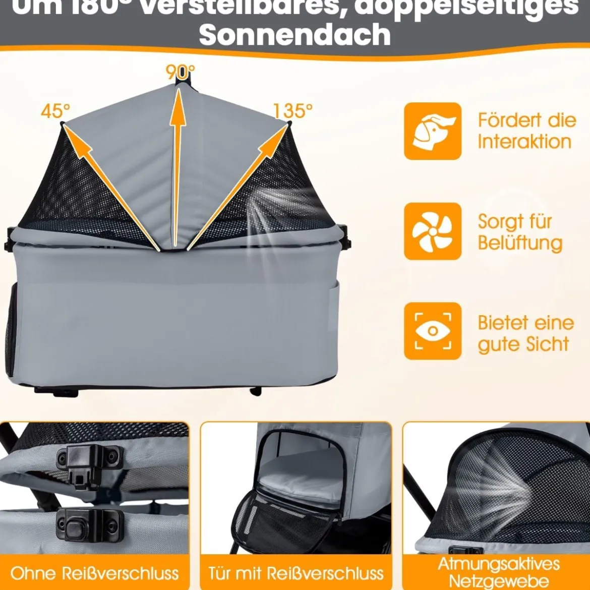3 in 1 Haustierbuggy mit Abnehmbarem Träger & Verstellbarem Netzdach Hundebuggy Grau