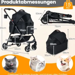 3 in 1 Haustierbuggy mit Abnehmbarem Träger & Verstellbarem Netzdach Hundebuggy Schwarz