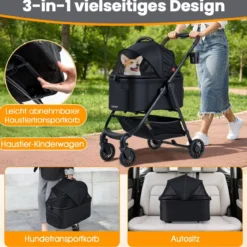 3 in 1 Haustierbuggy mit Abnehmbarem Träger & Verstellbarem Netzdach Hundebuggy Schwarz