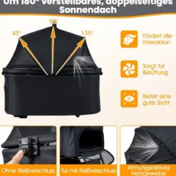 3 in 1 Haustierbuggy mit Abnehmbarem Träger & Verstellbarem Netzdach Hundebuggy Schwarz