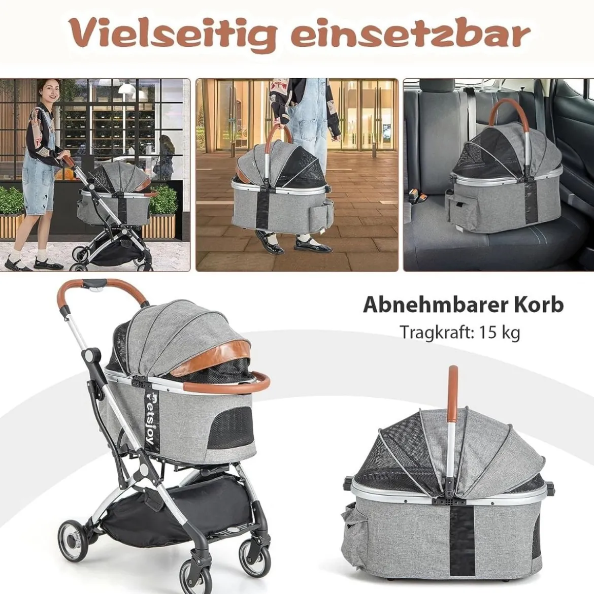 3 in 1 Haustierwagen bis 15 kg mit Wasserdichter Abdeckung Aufbewahrungskorb & Teleskopgriff