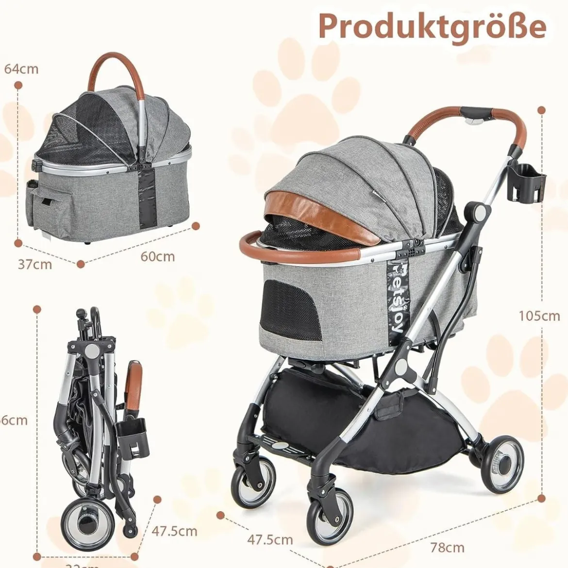 3 in 1 Haustierwagen bis 15 kg mit Wasserdichter Abdeckung Aufbewahrungskorb & Teleskopgriff