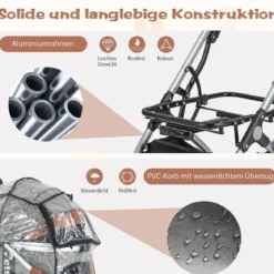 3 in 1 Haustierwagen bis 15 kg mit Wasserdichter Abdeckung Aufbewahrungskorb & Teleskopgriff