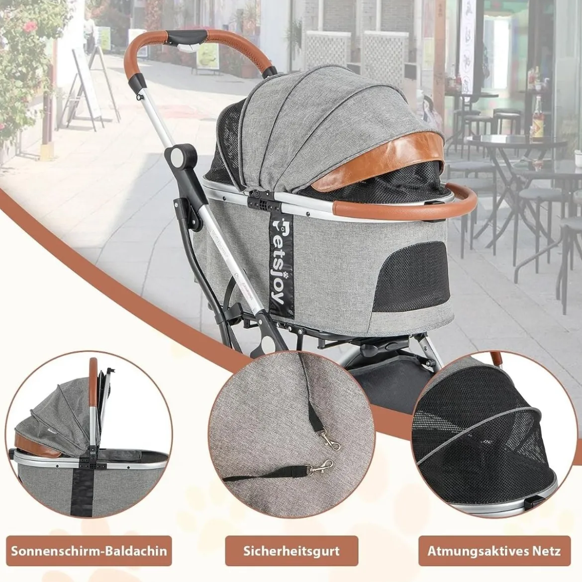 3 in 1 Haustierwagen bis 15 kg mit Wasserdichter Abdeckung Aufbewahrungskorb & Teleskopgriff