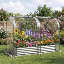 3 in 1 Hochbeet mit Gewächshaus Metall Pflanzkasten mit PVC-Abdeckung & 2 Fenstern Frühbeet Schwarz/Silber