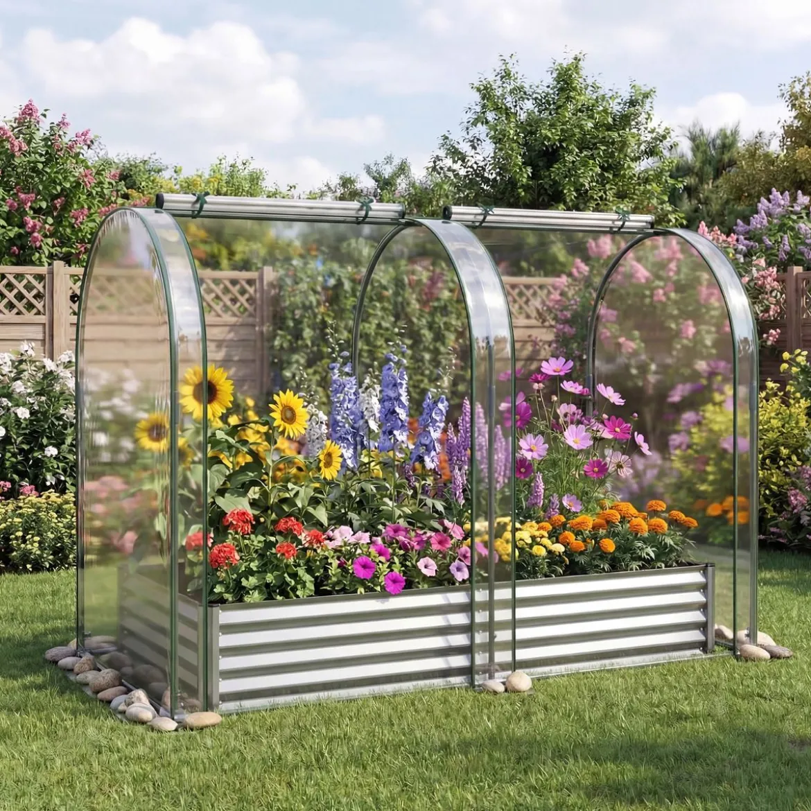 3 in 1 Hochbeet mit Gewächshaus Metall Pflanzkasten mit PVC-Abdeckung & 2 Fenstern Frühbeet Schwarz/Silber