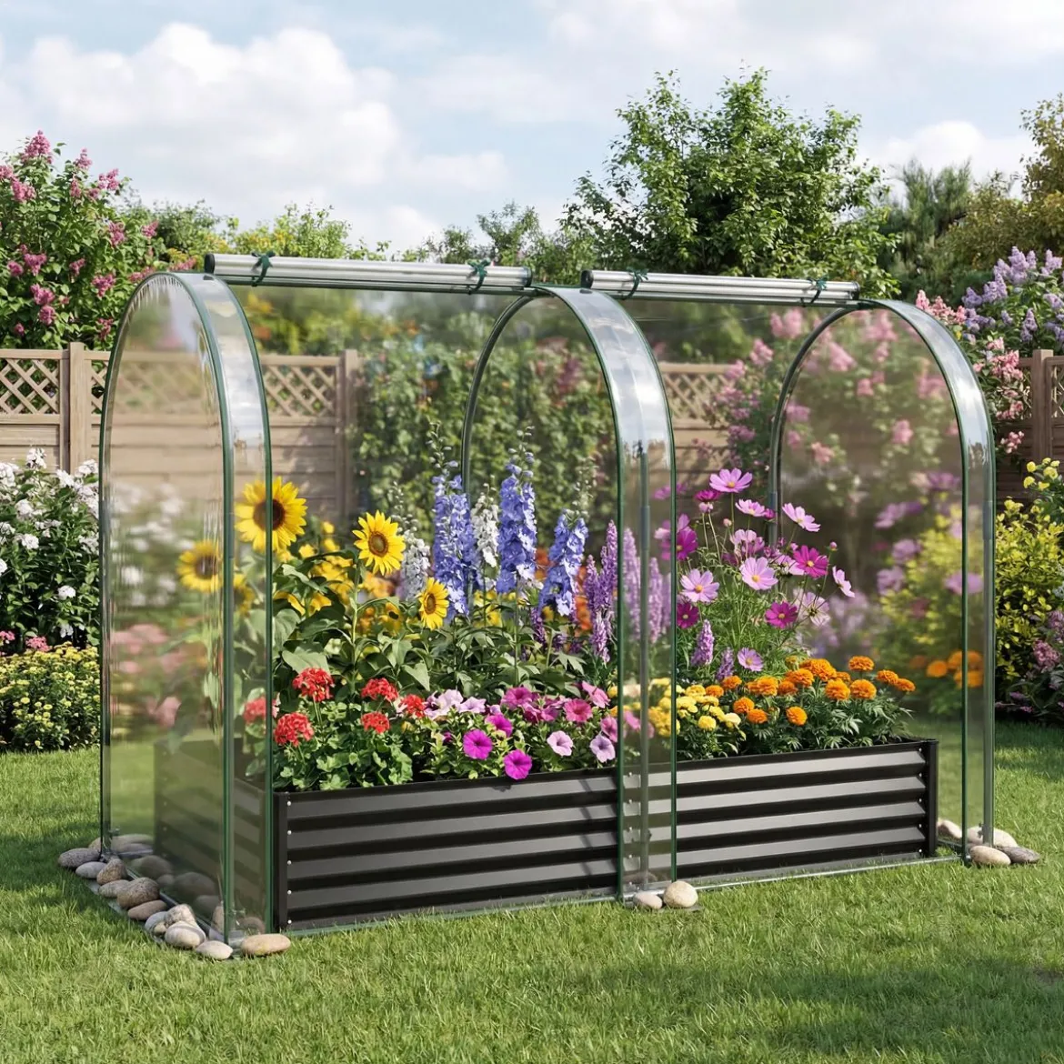 3 in 1 Hochbeet mit Gewächshaus Metall Pflanzkasten mit PVC-Abdeckung & 2 Fenstern Frühbeet Schwarz/Silber
