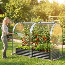 3 in 1 Hochbeet mit Gewächshaus Metall Pflanzkasten mit PVC-Abdeckung & 2 Fenstern Frühbeet Schwarz/Silber