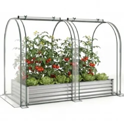 3 in 1 Hochbeet mit Gewächshaus Metall Pflanzkasten mit PVC-Abdeckung & 2 Fenstern Frühbeet Schwarz/Silber