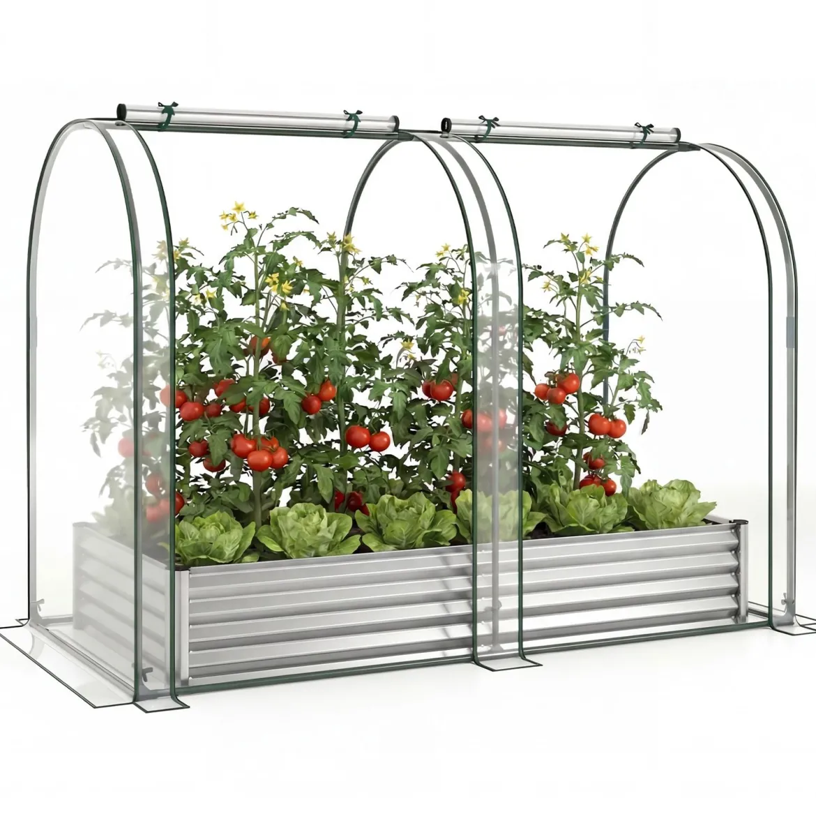 3 in 1 Hochbeet mit Gewächshaus Metall Pflanzkasten mit PVC-Abdeckung & 2 Fenstern Frühbeet Schwarz/Silber