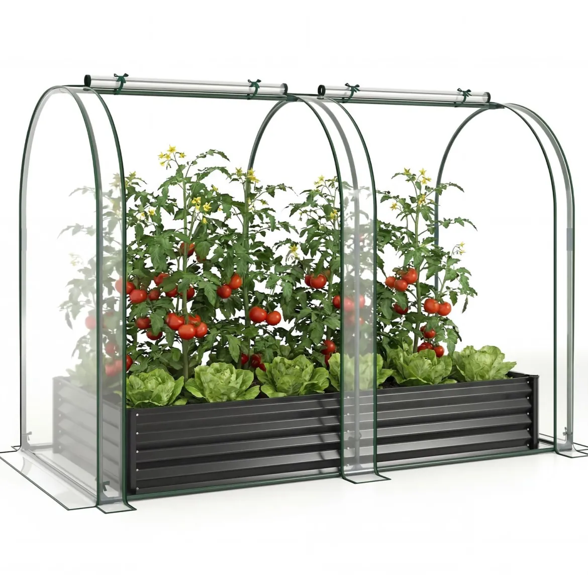 3 in 1 Hochbeet mit Gewächshaus Metall Pflanzkasten mit PVC-Abdeckung & 2 Fenstern Frühbeet Schwarz/Silber