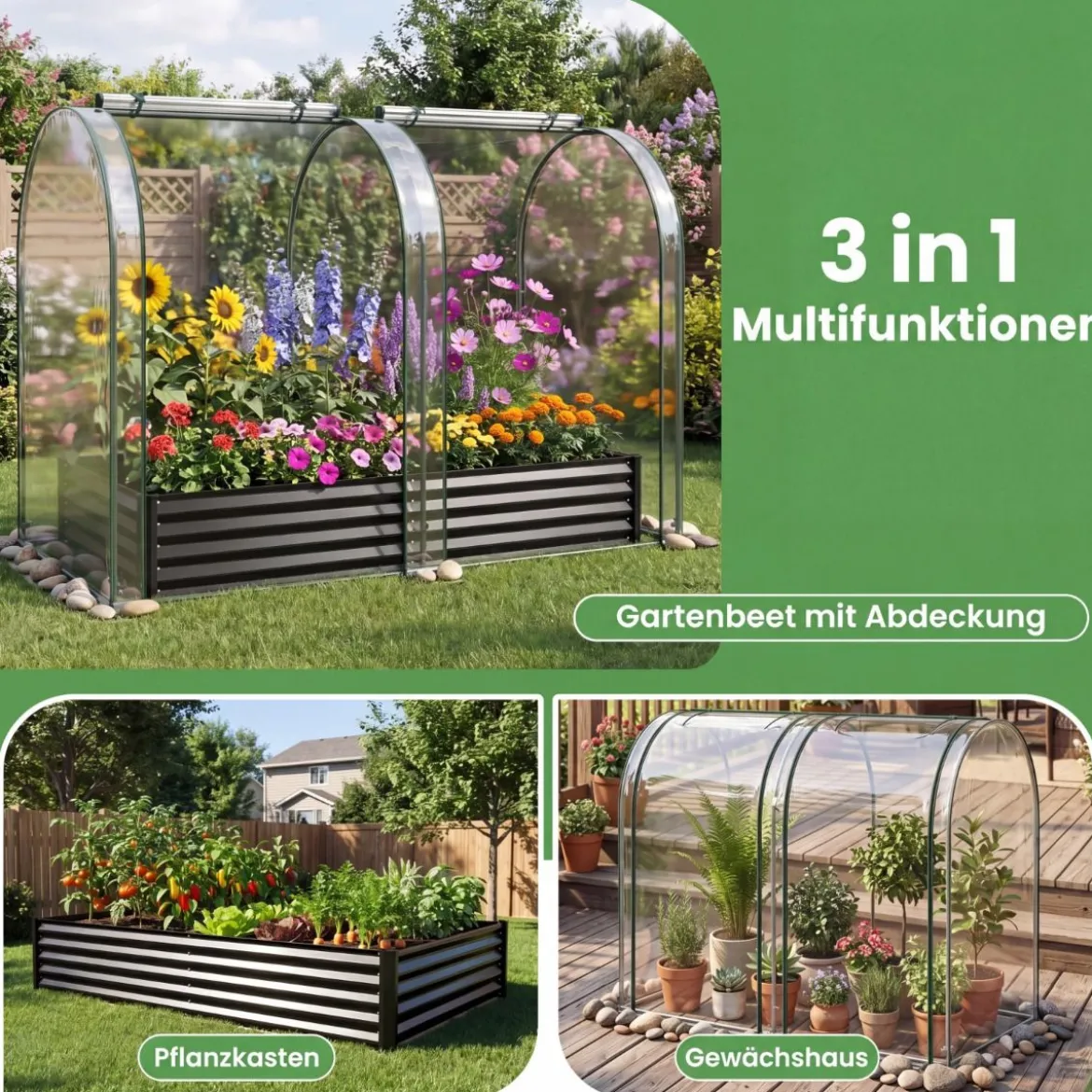 3 in 1 Hochbeet mit Gewächshaus Metall Pflanzkasten mit PVC-Abdeckung & 2 Fenstern Frühbeet Schwarz/Silber
