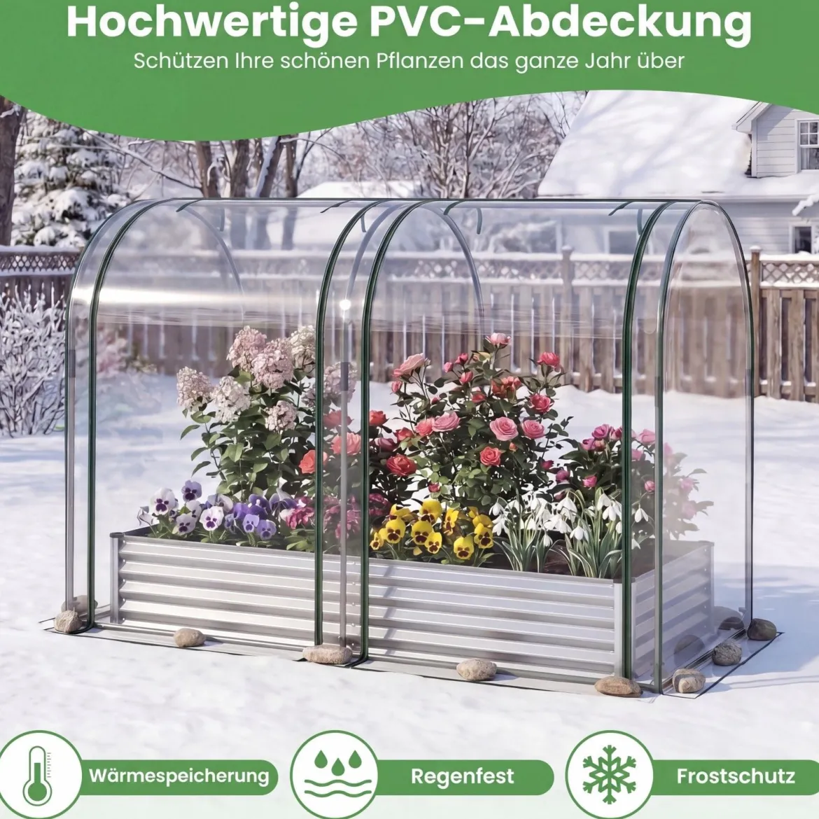 3 in 1 Hochbeet mit Gewächshaus Metall Pflanzkasten mit PVC-Abdeckung & 2 Fenstern Frühbeet Schwarz/Silber
