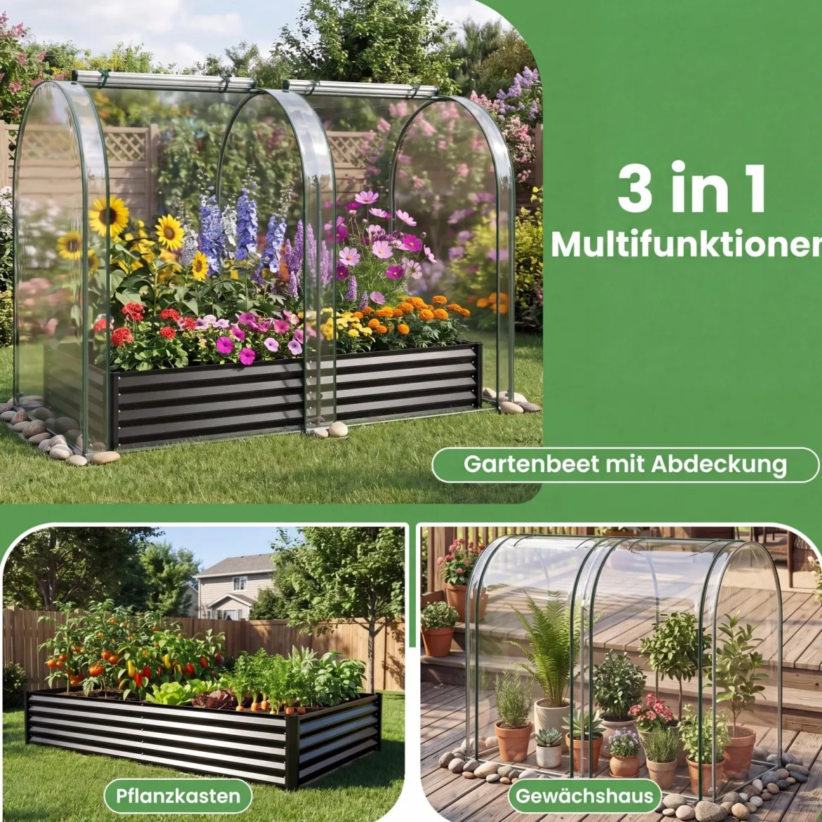 3 in 1 Hochbeet mit Gewächshaus Metall Pflanzkasten mit PVC-Abdeckung & 2 Fenstern Frühbeet Schwarz/Silber