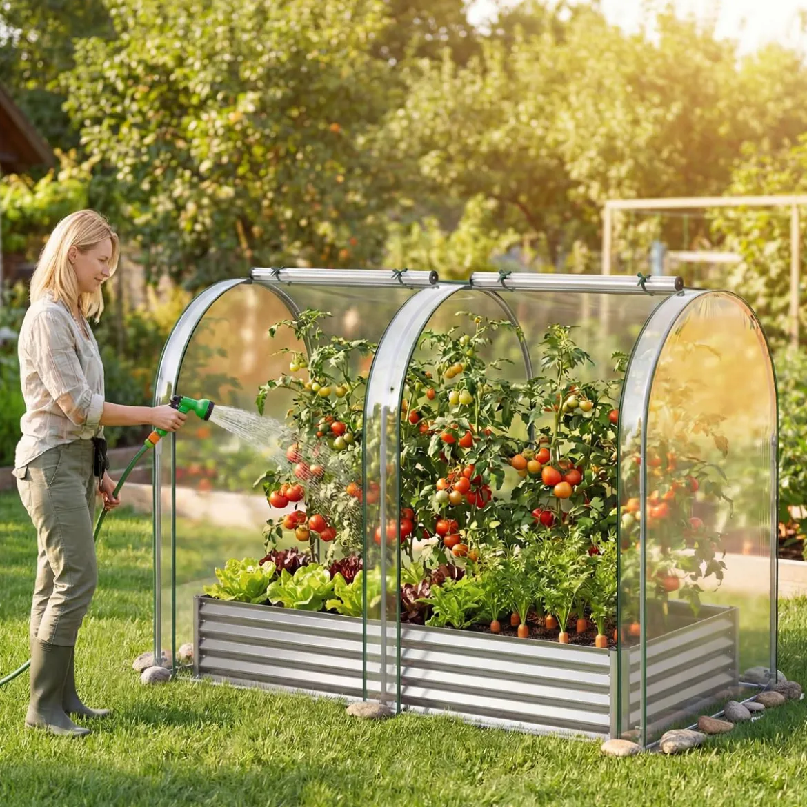 3 in 1 Hochbeet mit Gewächshaus Metall Pflanzkasten mit PVC-Abdeckung & 2 Fenstern Frühbeet Schwarz/Silber