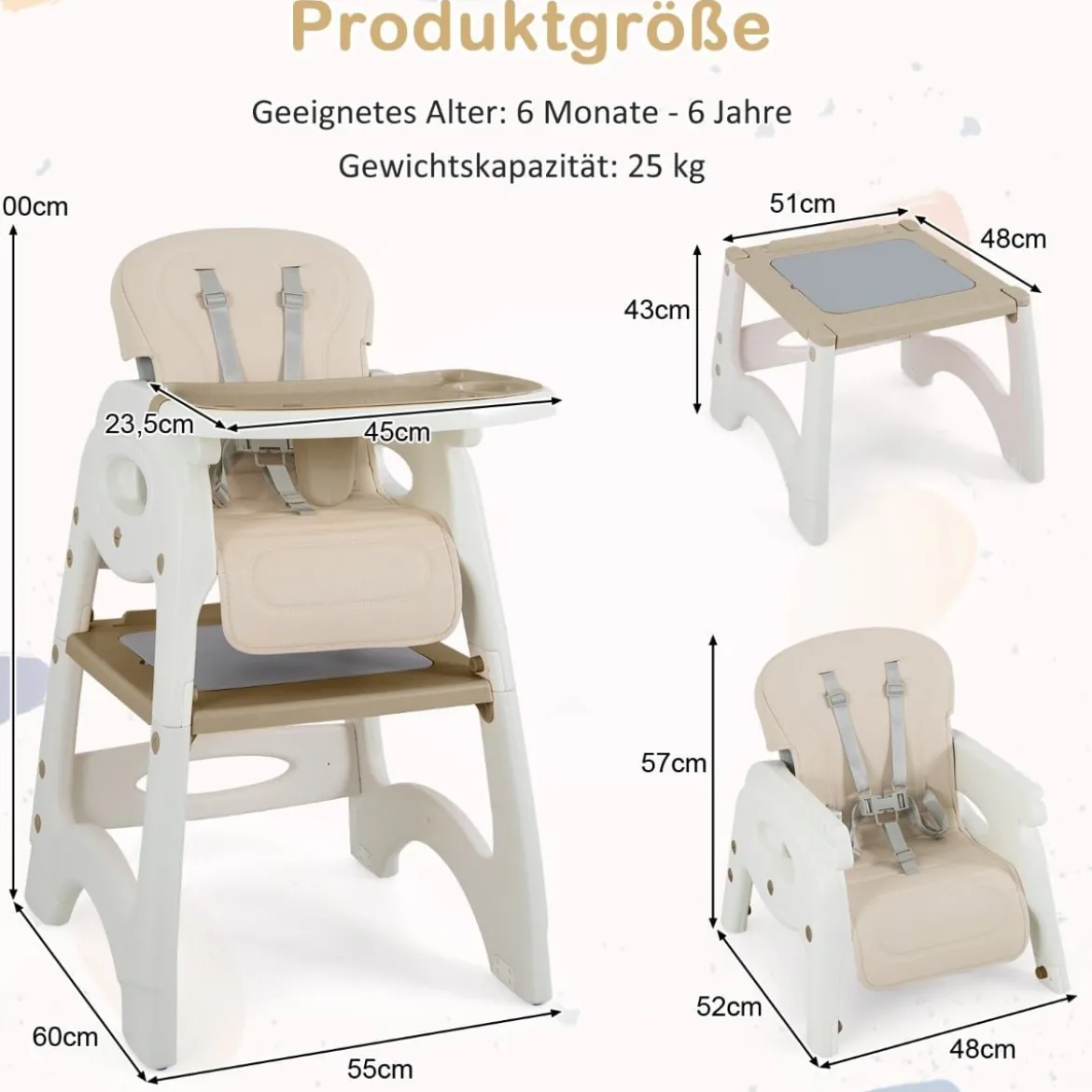 6 in 1 Hochstuhl mit Lerntisch & Abnehmbarem Doppeltablett & Sicherheitsgurt Beige