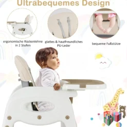 6 in 1 Hochstuhl mit Lerntisch & Abnehmbarem Doppeltablett & Sicherheitsgurt Beige