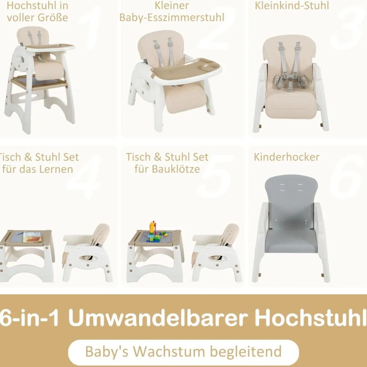 6 in 1 Hochstuhl mit Lerntisch & Abnehmbarem Doppeltablett & Sicherheitsgurt Beige