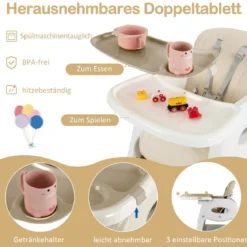 6 in 1 Hochstuhl mit Lerntisch & Abnehmbarem Doppeltablett & Sicherheitsgurt Beige