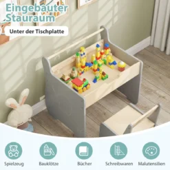 3 in 1 Holz Kindersitzgruppe mit Wendbarer & Abnembarer TischplatteKindertisch mit Stuhl Grau