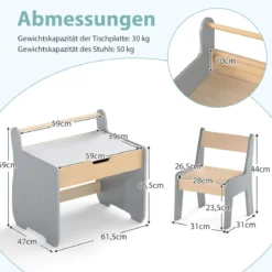 3 in 1 Holz Kindersitzgruppe mit Wendbarer & Abnembarer TischplatteKindertisch mit Stuhl Grau