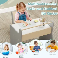 3 in 1 Holz Kindersitzgruppe mit Wendbarer & Abnembarer TischplatteKindertisch mit Stuhl Grau