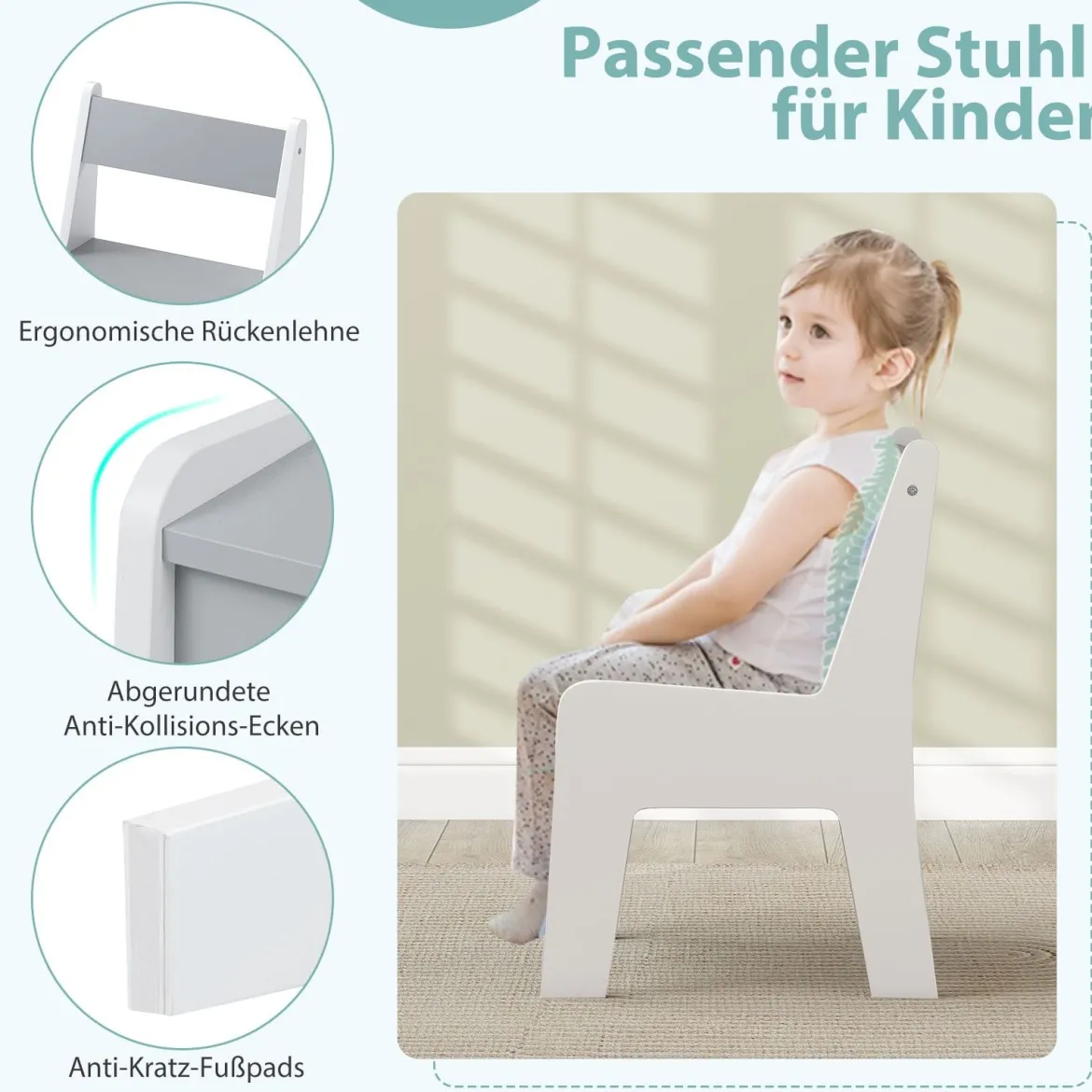 3 in 1 Holz Kindersitzgruppe mit Wendbarer & Abnembarer Tischplatte Kindertisch mit Stuhl Grau+Weiß