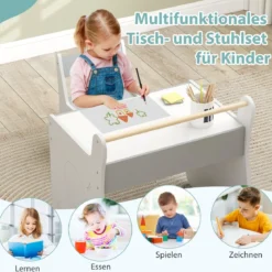 3 in 1 Holz Kindersitzgruppe mit Wendbarer & Abnembarer Tischplatte Kindertisch mit Stuhl Grau+Weiß