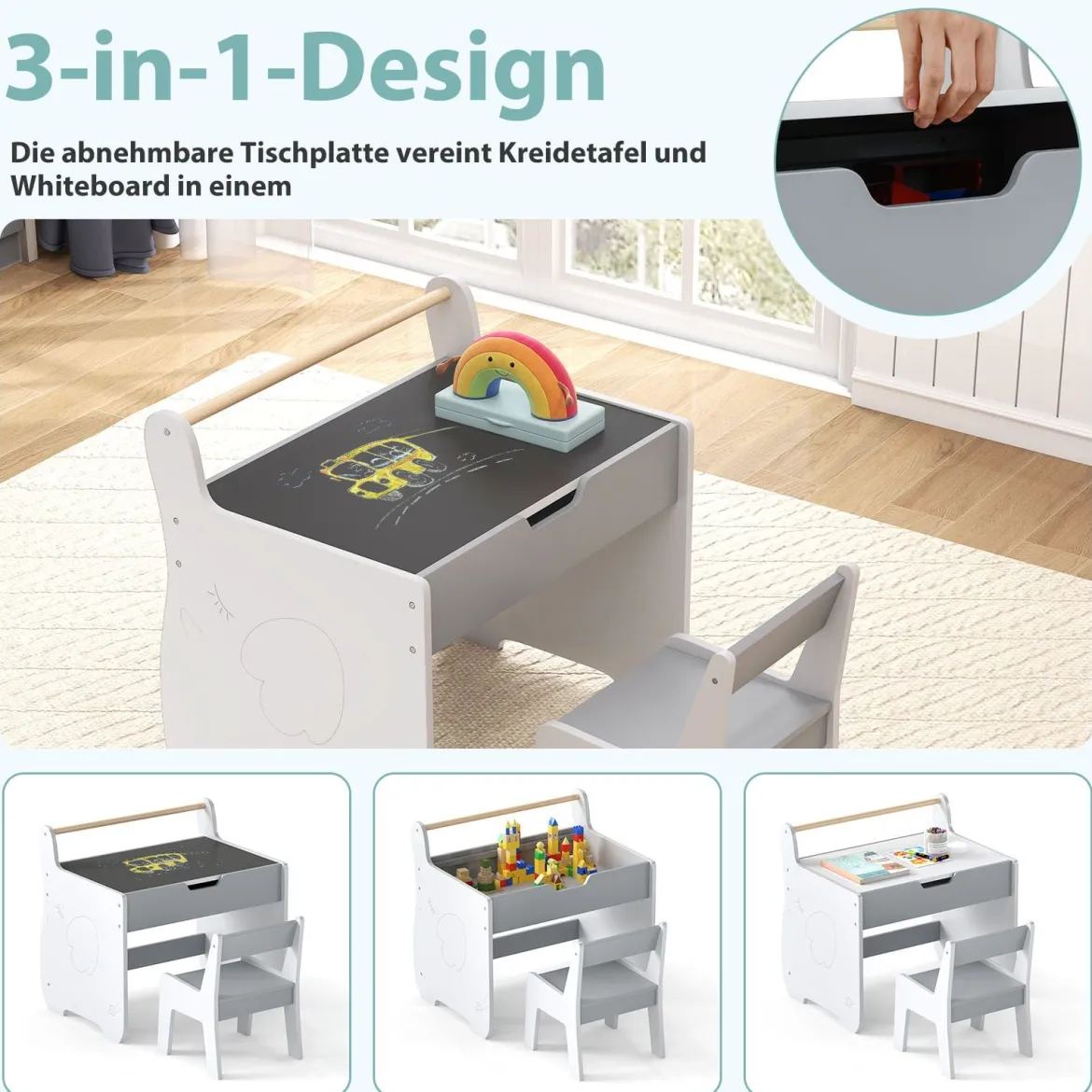 3 in 1 Holz Kindersitzgruppe mit Wendbarer & Abnembarer Tischplatte Kindertisch mit Stuhl Grau+Weiß