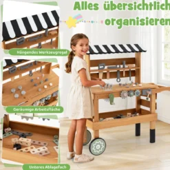 2-in-1 Holz-Kinderwagen & Werkzeugbank Spiel-Werkbank mit realistischen Werkzeugen Natur