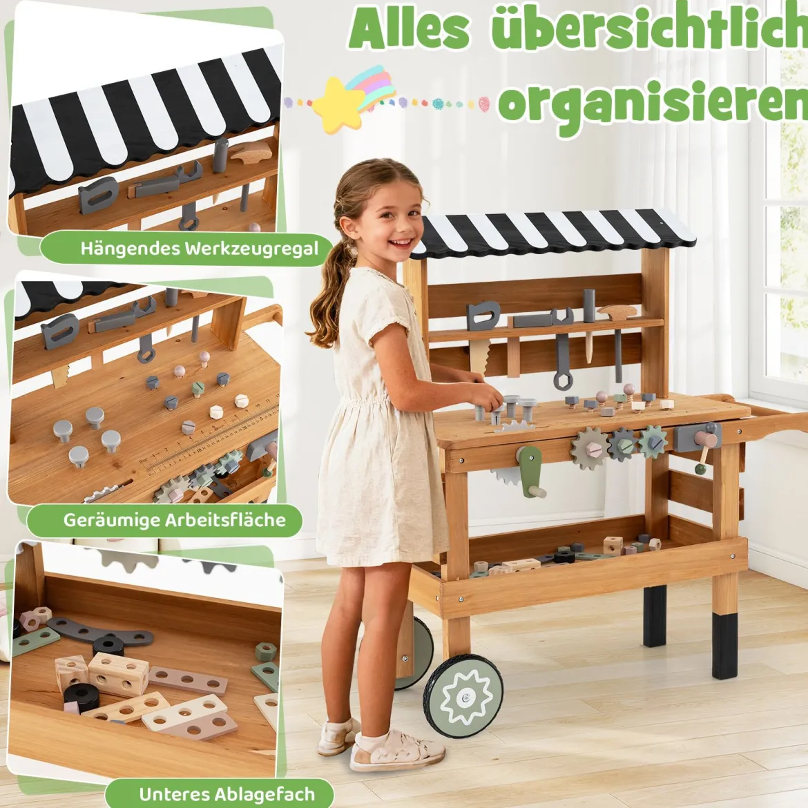 2-in-1 Holz-Kinderwagen & Werkzeugbank Spiel-Werkbank mit realistischen Werkzeugen Natur