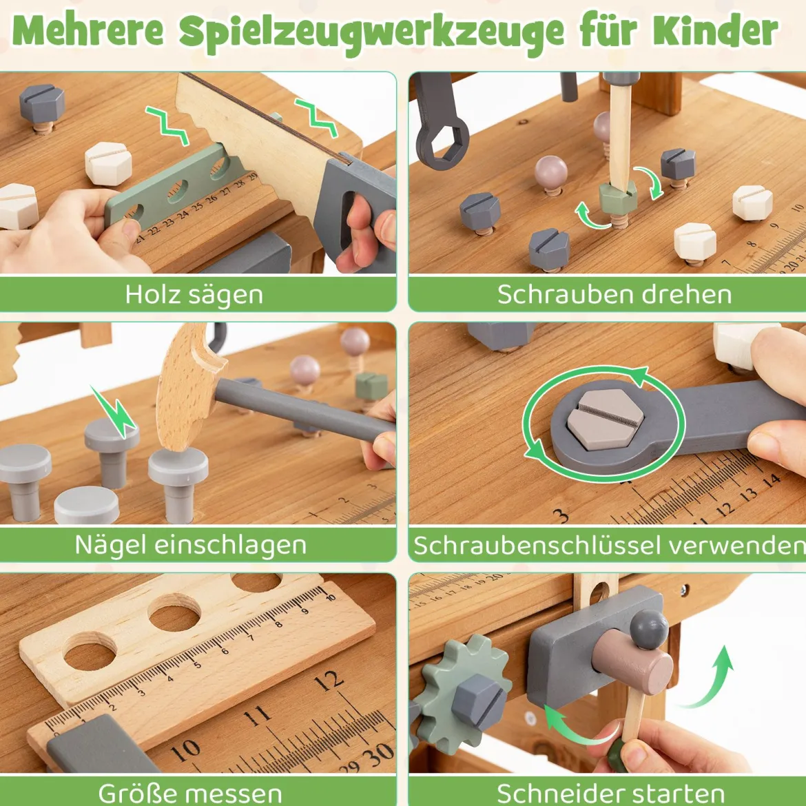2-in-1 Holz-Kinderwagen & Werkzeugbank Spiel-Werkbank mit realistischen Werkzeugen Natur