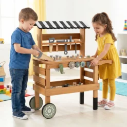 2-in-1 Holz-Kinderwagen & Werkzeugbank Spiel-Werkbank mit realistischen Werkzeugen Natur