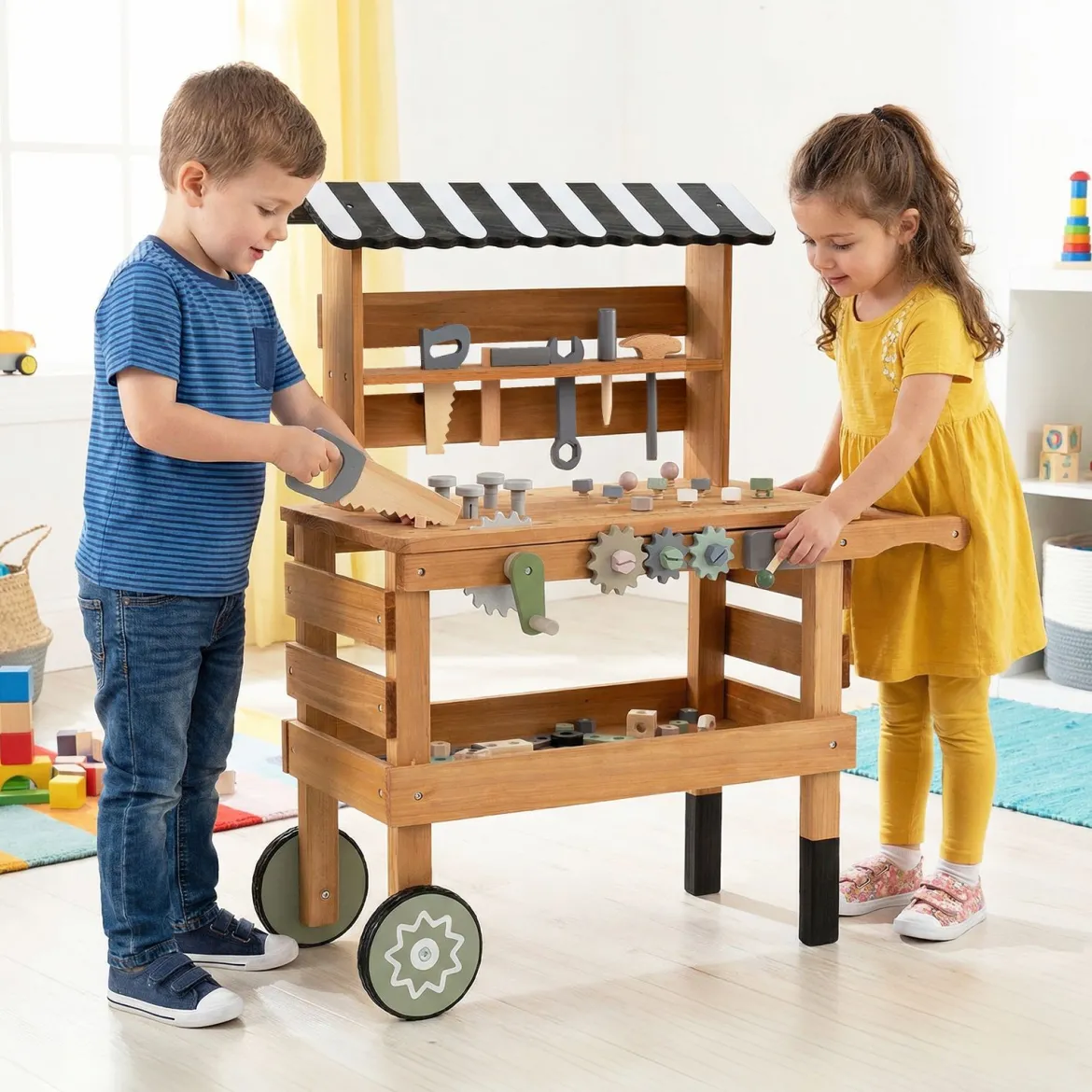 2-in-1 Holz-Kinderwagen & Werkzeugbank Spiel-Werkbank mit realistischen Werkzeugen Natur
