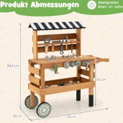 2-in-1 Holz-Kinderwagen & Werkzeugbank Spiel-Werkbank mit realistischen Werkzeugen Natur