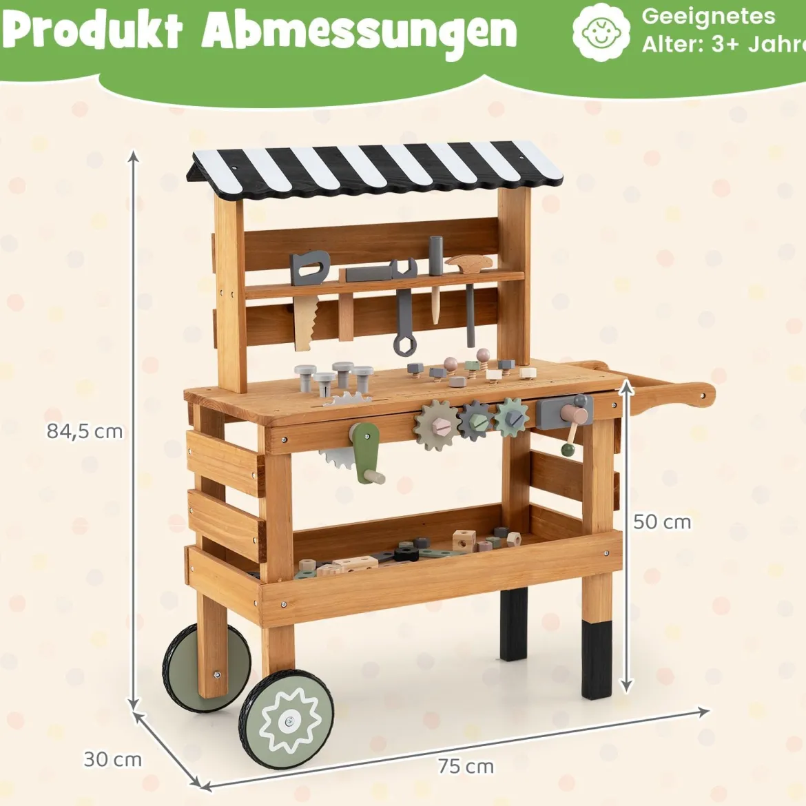 2-in-1 Holz-Kinderwagen & Werkzeugbank Spiel-Werkbank mit realistischen Werkzeugen Natur