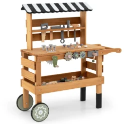 2-in-1 Holz-Kinderwagen & Werkzeugbank Spiel-Werkbank mit realistischen Werkzeugen Natur