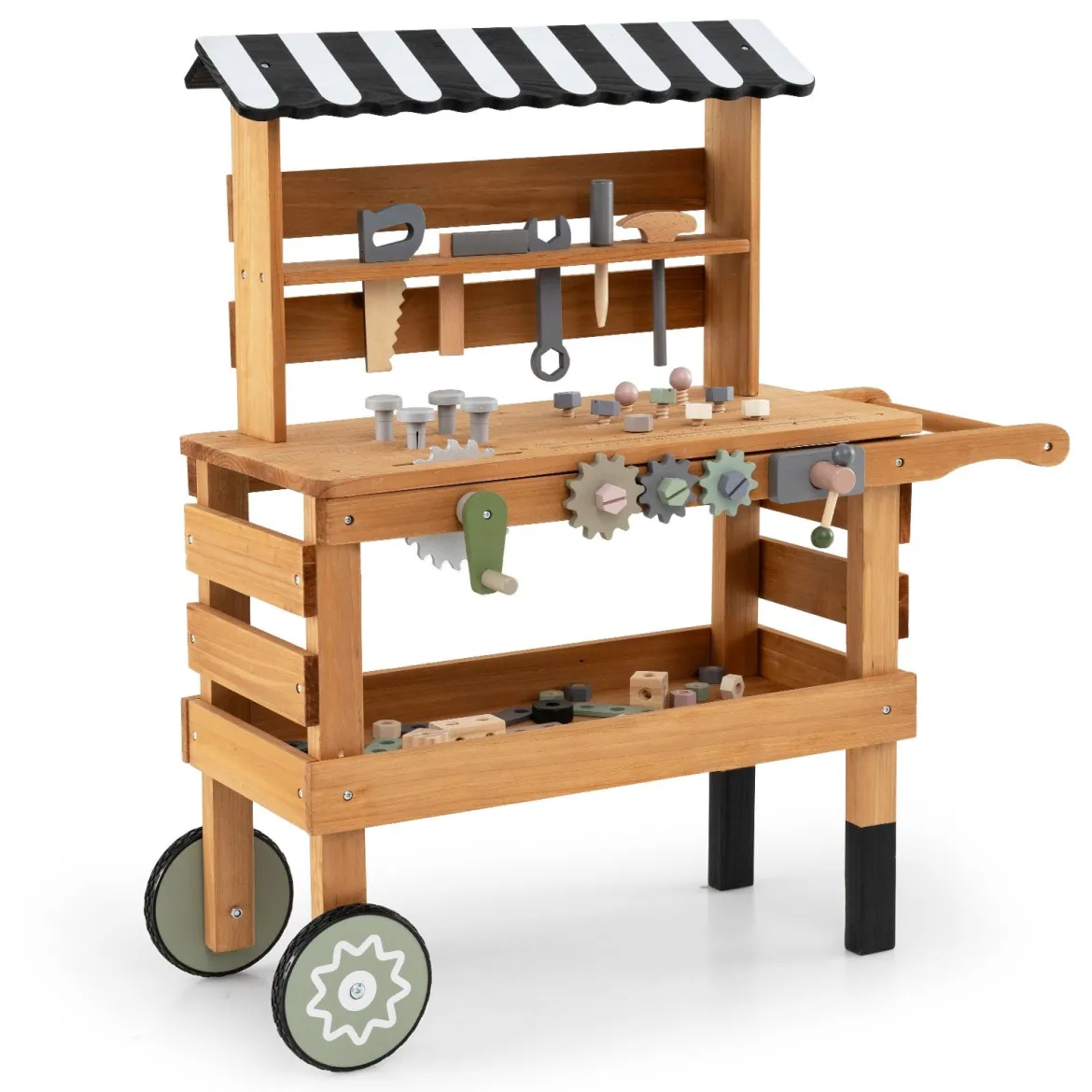 2-in-1 Holz-Kinderwagen & Werkzeugbank Spiel-Werkbank mit realistischen Werkzeugen Natur
