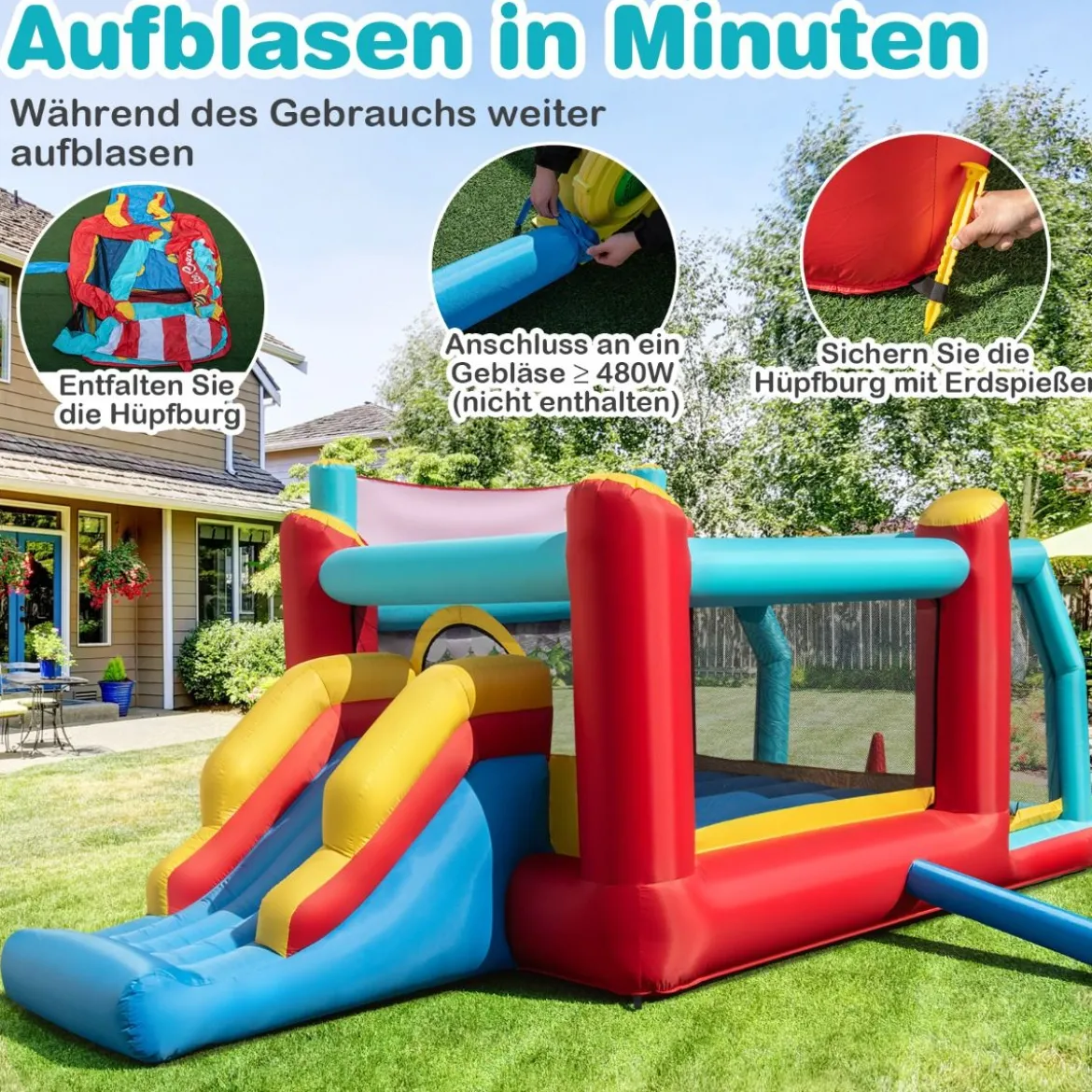 5 in 1Hüpfburg mit Rutsche & Basketballkorb & Ringwurfspiel & Bällebad Aufblasbares Spielhaus