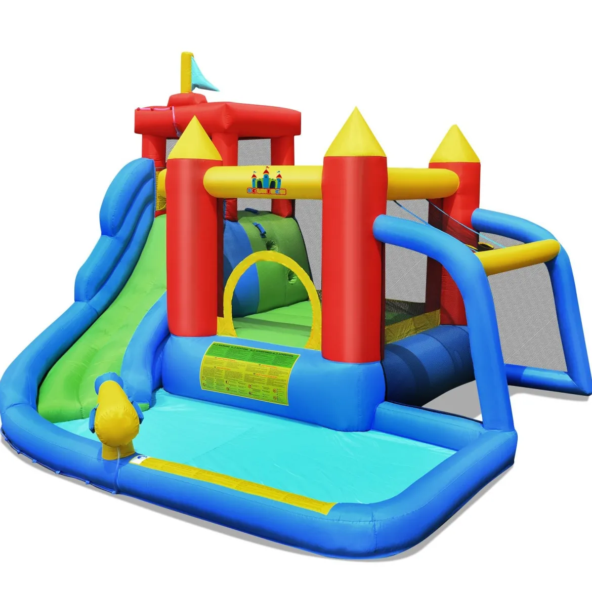 7 in 1 Hüpfburg und 450W Gebläse Kombination mit Wasserrutsche Outdoor Bouncer Spielpool mit Luftgebläse 350x315x245cm