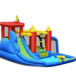 7 in 1 Hüpfburg und 450W Gebläse Kombination mit Wasserrutsche Outdoor Bouncer Spielpool mit Luftgebläse 350x315x245cm