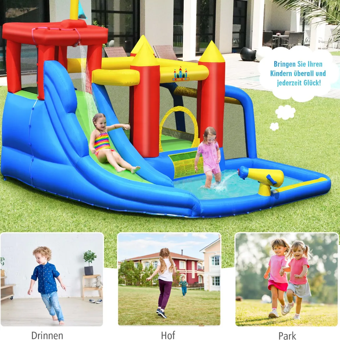 7 in 1 Hüpfburg und 450W Gebläse Kombination mit Wasserrutsche Outdoor Bouncer Spielpool mit Luftgebläse 350x315x245cm