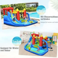 7 in 1 Hüpfburg und 450W Gebläse Kombination mit Wasserrutsche Outdoor Bouncer Spielpool mit Luftgebläse 350x315x245cm