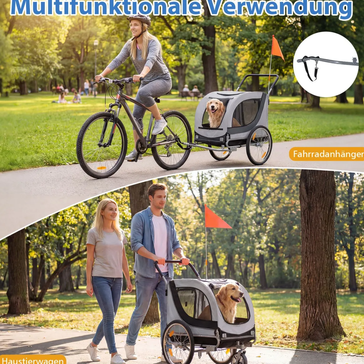2 in 1 Hunde Fahrradanhänger mit Dachöffnung Hundebuggy bis 80 kg Universal-Fahrradkupplung