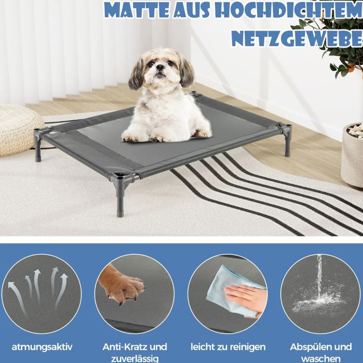 2 in 1 Hundehütte & erhöhtes Hundebett Hundeliege Outdoor Haustierhaus mit atmungsaktivem Netzgewebe Grau