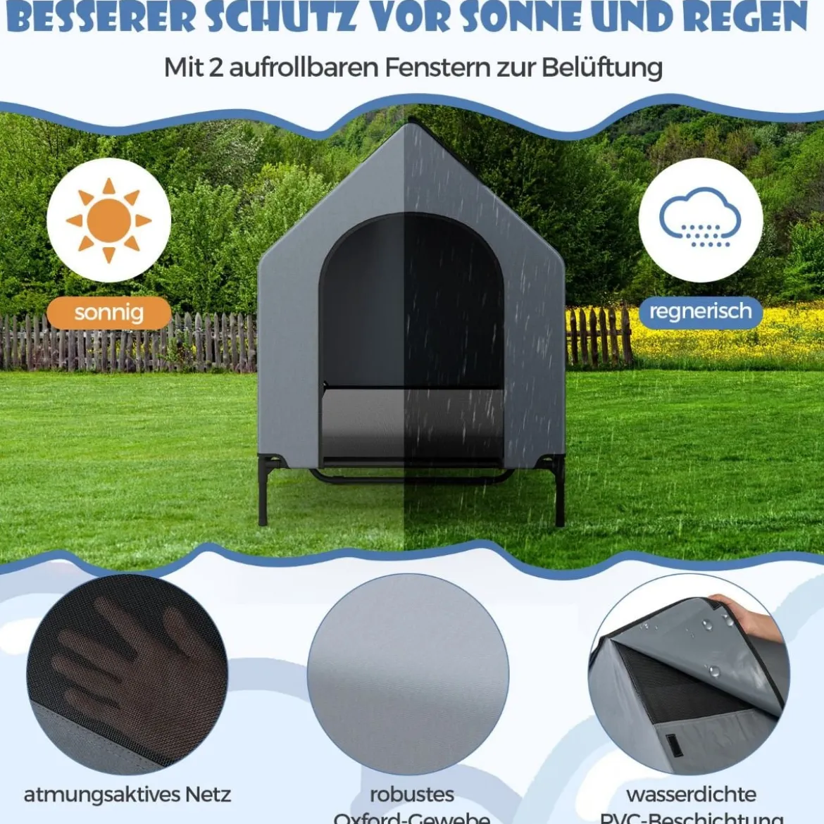 2 in 1 Hundehütte & erhöhtes Hundebett Hundeliege Outdoor Haustierhaus mit atmungsaktivem Netzgewebe Grau