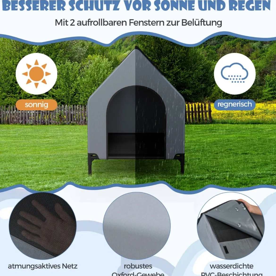 2 in 1 Hundehütte & erhöhtes Hundebett Hundeliege Outdoor Haustierhaus mit atmungsaktivem Netzgewebe Grau