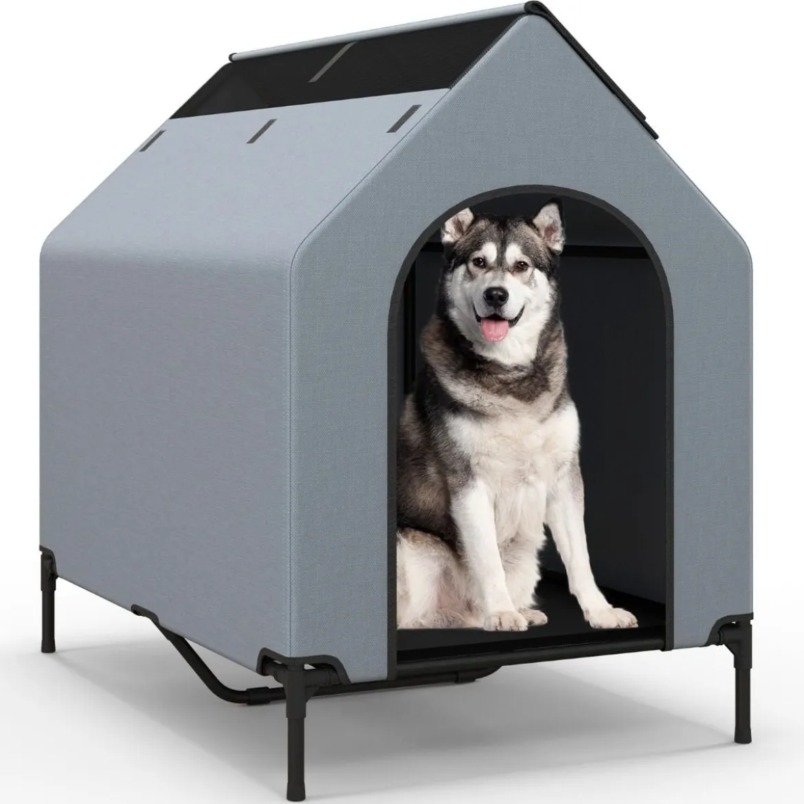 2 in 1 Hundehütte & erhöhtes Hundebett Hundeliege Outdoor Haustierhaus mit atmungsaktivem Netzgewebe Grau